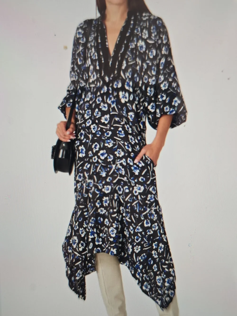 Tory Burch Black Midi Dress with Blue & White Abstract Print M